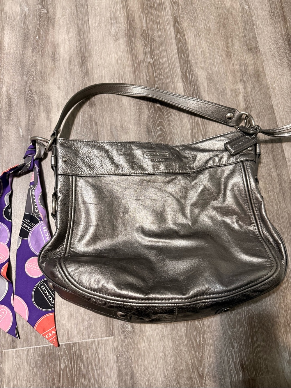 Coach Black Leather Shoulder Bag with Purple Accent Scarf